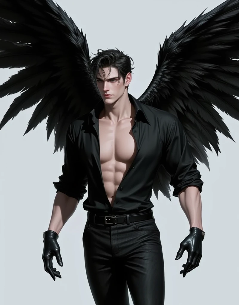 3D ANIMALS，A Victoria's Secret male model，shirt and pants，The back has very beautiful wings，gorgeous black wings，Very gorgeous，from back：1.4，Strike a pose，