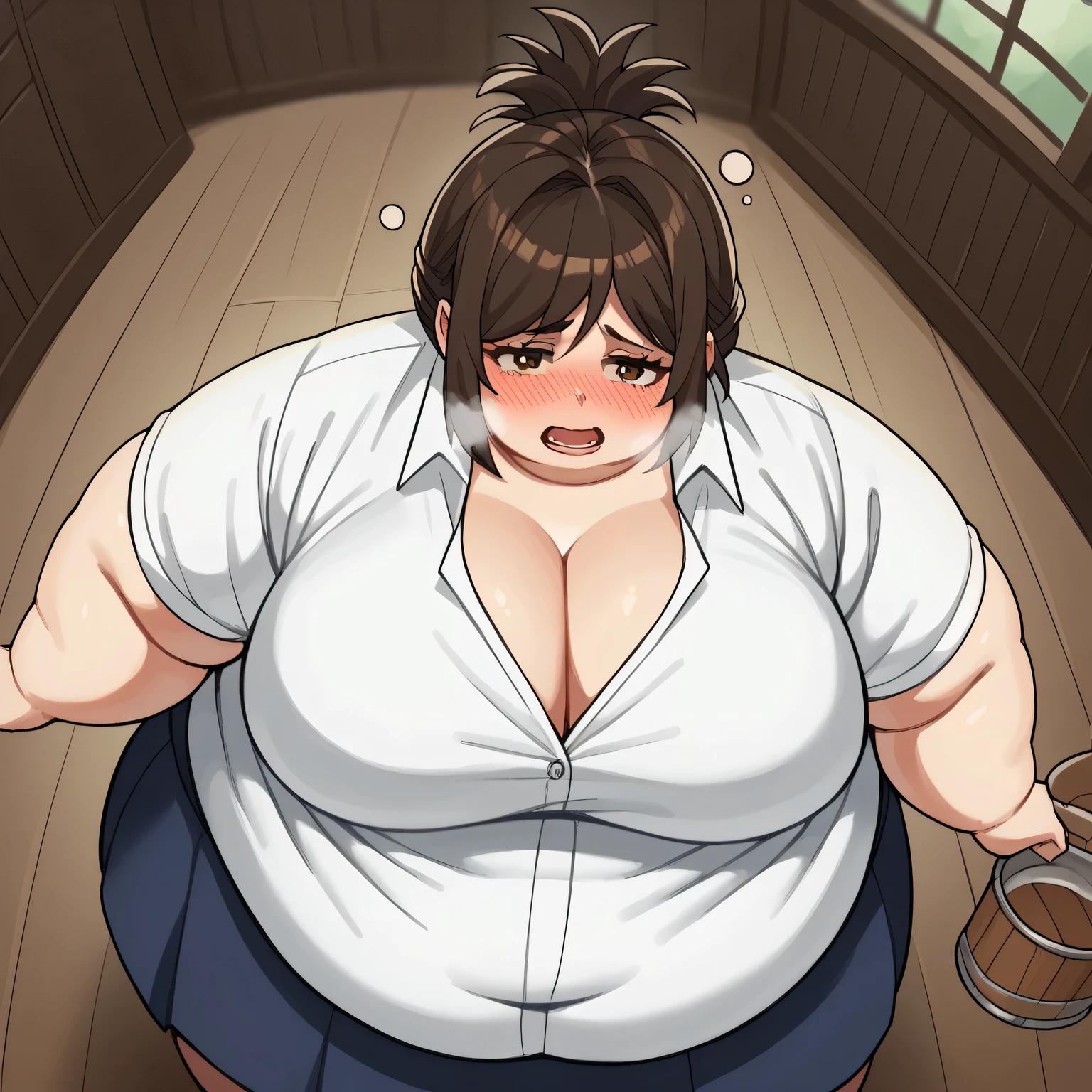 score_9, score_8_above, score_7_above, source_anime, henna with whom,  brown hair ,  brown eyes ,  folded ponytail ,  Big breasts ,, shirt,  cleavage, white shirt, skirt,,  inside the house, ,  room, on the , Blush, drunk,  looking at the spectator, Alone,, cowboy shot,  Dutch angle  fat, chubby, obese, gigantic arms and legs, large breasts open mouth, out of breath