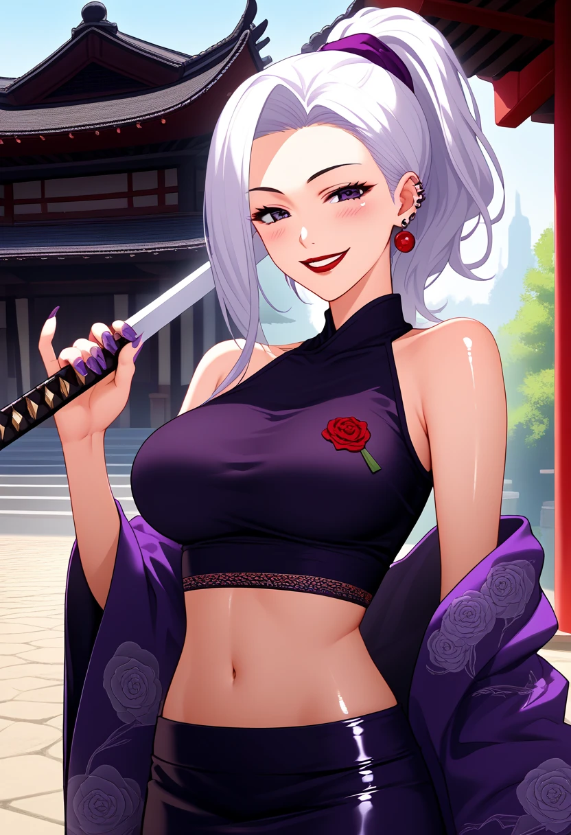 score_9,score_8_up,score_7_up,score_6_up, meimeijjk,  source_anime, 1girl, smile, looking at viewer, ponytail, purple nails, long fingernails, earrings, red lips, large breasts, ear piercing, long hair, blush, lipstick,Hot girl, baddie, smoking, sensual, attractive, masterpiece, best quality, highly detailed, a anime girl in kimono dress ,holding sword, bare
shoulder,open kimono, evil smile, open mouth, crop top , (nsfw) not safe for work, smile, ecchi anime
style, anime girls, ecchi style, ecchi, digital anime art!!, in anime style, official artwork, visual novel cg,
beautiful anime girl, anime style 4 k, kimono pencil skirt, exposed belly, exposed navel,
exposed midriff, exposed lower belly, outdoor, japanese architecture, temple,,dragon tattoo , tattoo midriff, rose tattoo, shiny skin