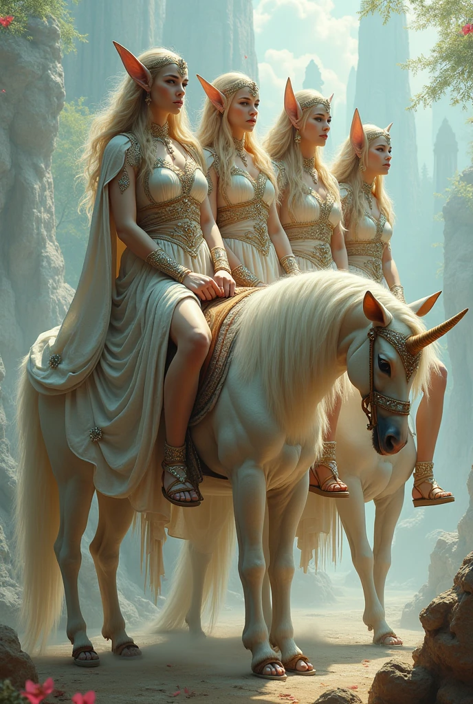 on the beach, 5 small full body, naked, naked woman lie on ground, small man riding white horse white looking back, white feather cloak, shield, bow, sword, female greek god, white hair, masculine, mature, naked, hairy torso, fantasy, intricate, elegant, highly detailed, digital painting, artstation, concept art, smooth, sharp focus, illustration, art by gaston bussiere and alphonse mucha, almost naked