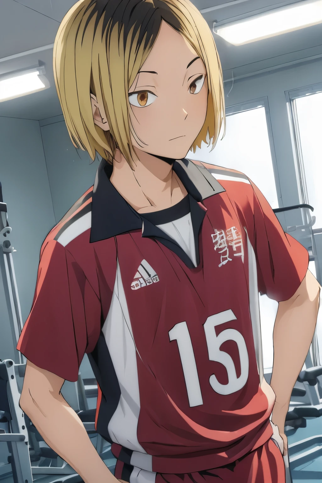 high res, masterpiece, Kozume Kenma, Blonde, Alone, 1人のmaleの子, male,  volleyball court, gym、evening、  Details Eyes ,Place your hands on your hips and face the ceiling