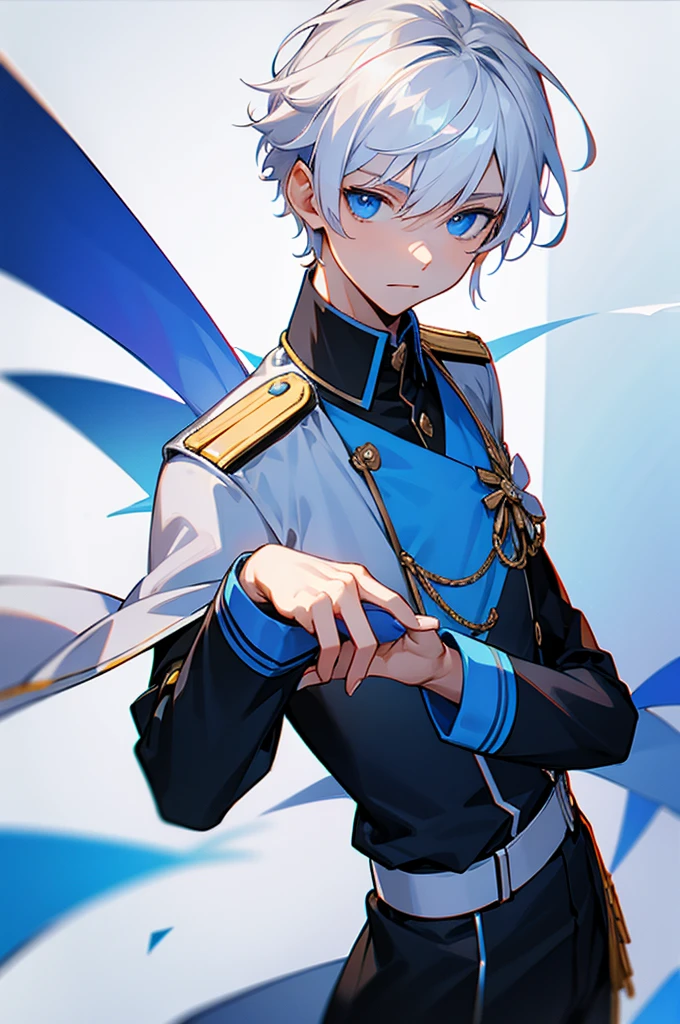 1 Male. Young teen. Uniform, White Hair, Blue eyes, Pose.