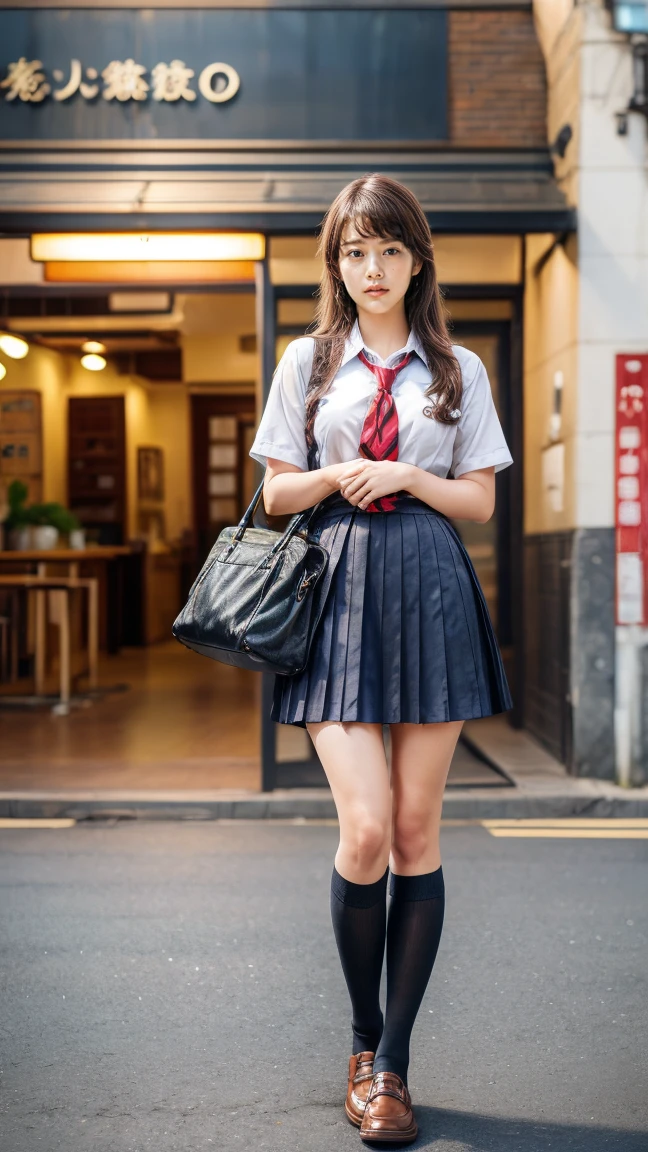 a beautiful 18 year old Japanese high school girl with perfect anatomy, healthy thighs, beautiful legs, beautiful skin, random hair color and style, large breasts, (wearing a Japanese schoolgirl uniform:1.3), (she is standing:1.2), penny loafers, holding a student bag, full body shot, standing on a city street, (best quality,4k,8k,highres,masterpiece:1.3),(extremely detailed:1.2),photorealistic,ultra-detailed,vivid colors, studio lighting, professional