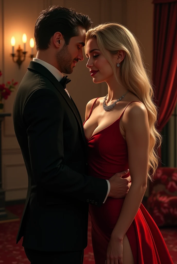 Masterpiece, age girl, long blonde hair, beautiful face, red evening dress, slim, black high heels, hugging a young man, neat suit, neat hairstyle, Living room background 30k, exquisite clothing details, high detail, perfect lighting , Cinema-grade lighting, sharp focus, HDR, incredible light