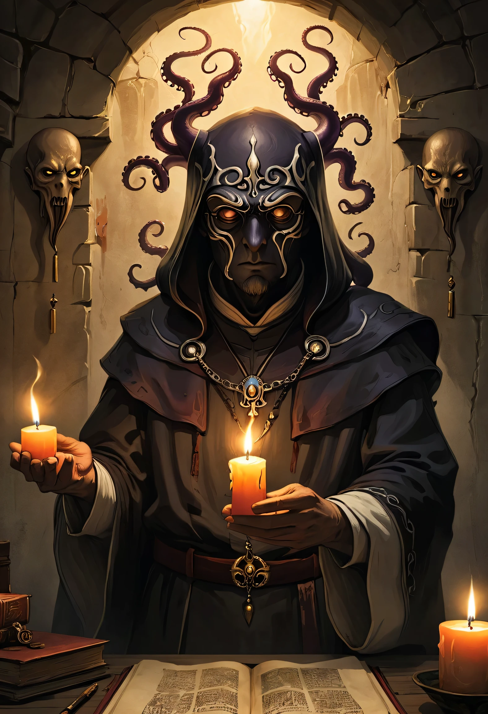 search poster  ,  simple sketch on parchment  ,  dark ink painting  ,  detailed facial features ,  priest of dark forces , sorcerer octopus mask ,  a well with candles in the foreground, ritual ,  against a crack in the wall ,  against a demon face high quality,  cinematic fortune  ,  masterpiece fails