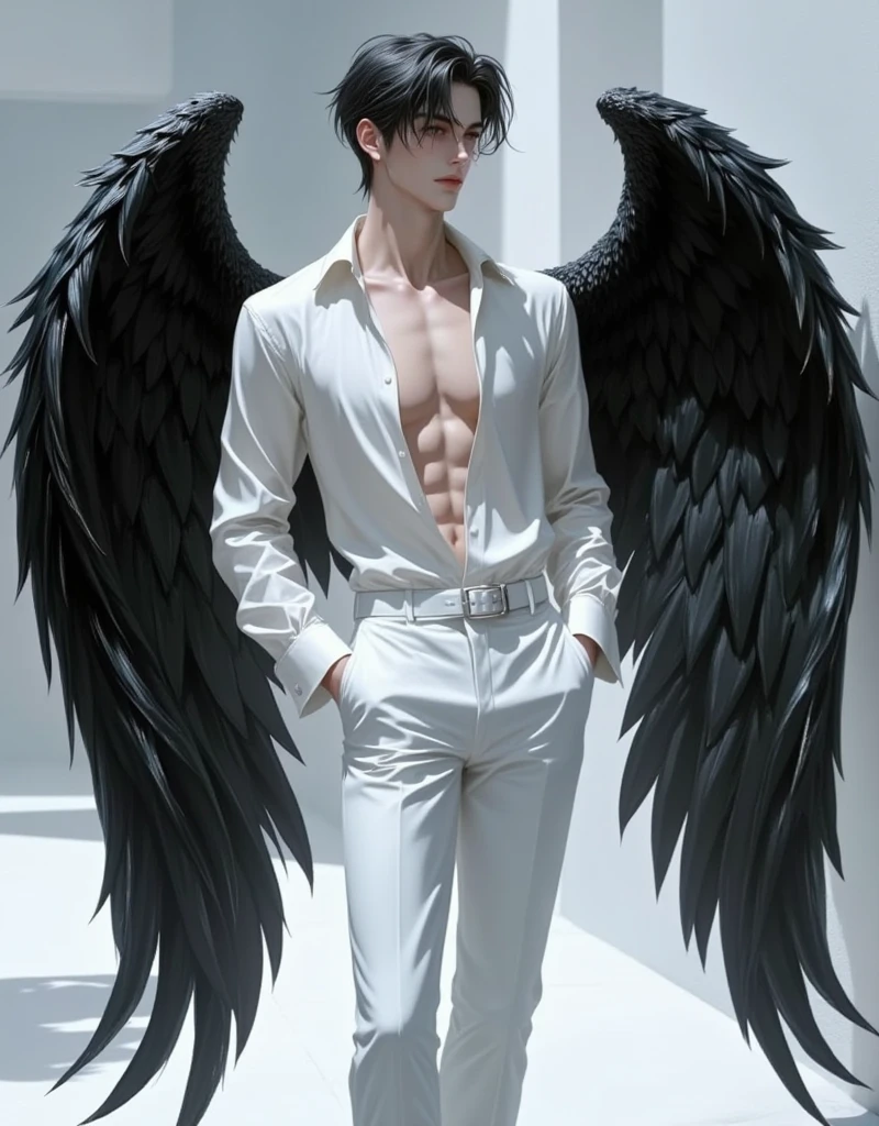 3D ANIMALS，A Victoria's Secret male model，white shirt and pants，The back has very beautiful wings， gorgeous black wings，Very gorgeous，Look sideways to the right ：1.4，Strike a pose，