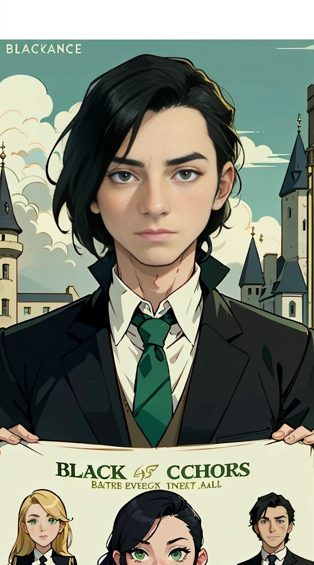 A (severus snape's daughter:(european girl,black hair, green eyes),principal norcrosale) with science teacher (female), Captain Ruton and  students: sanchez (male), millie (female), sam (male), ruskin (male), at ribblestropp towers school, castle with four towers. school uniform with yellow and gold tie, European characters, School of monster poster