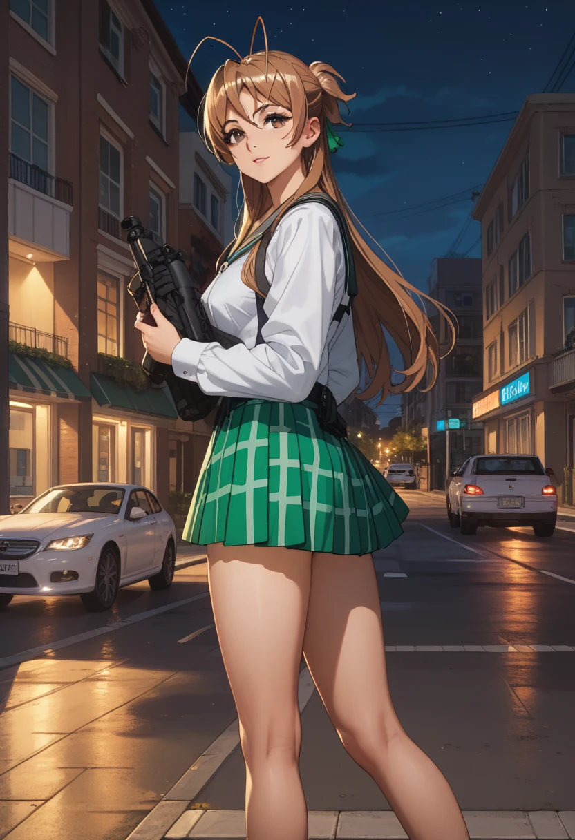 masterpiece, best quality, highres, 1girl, solo, long hair, brown hair, antenna hair, brown eyes, school uniform, green sailor collar, black bowtie, white shirt, long sleeves, pleated skirt, green miniskirt, black thighhighs, standing, official_art, beautiful body, beautiful legs, perfect body, perfect Hips, beautiful face, outdoors, night, street, city, shoes, sexy legs, 