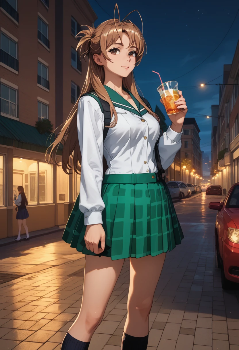 masterpiece, best quality, highres, 1girl, solo, long hair, brown hair, antenna hair, brown eyes, school uniform, green sailor collar, black bowtie, white shirt, long sleeves, pleated skirt, green miniskirt, black thighhighs, standing, official_art, beautiful body, beautiful legs, perfect body, perfect Hips, beautiful face, outdoors, night, street, city, shoes, sexy legs, 