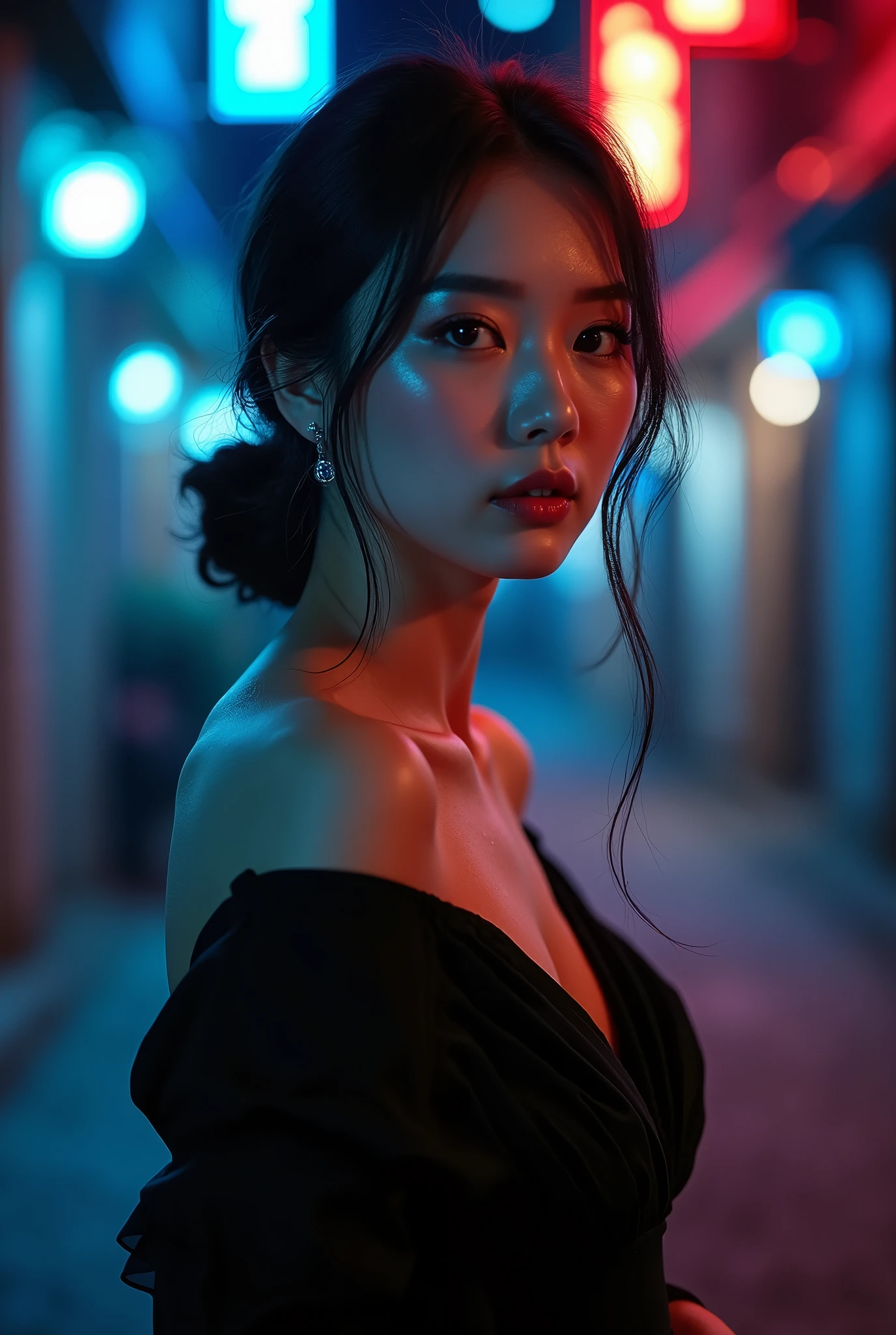 Arafed woman in a black dress standing in a dark alley - SeaArt AI