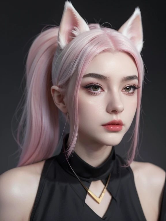 beautiful Kitsune girl wearing black dress, serious cold face, she has waist length bubblegum pink hair, pink kitsune cat ear, pale white skin, badass serious cold face, beautiful deadly sad eyes, high nose, thin lips, slim long face, v-line chin, black high neck dress, neck wearing a gold necklace, cool emotional face, office background, close face image