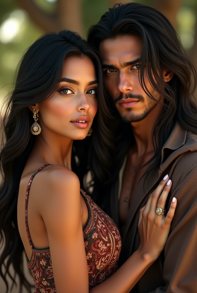 Black haired woman behind a very very handsome long black haired man