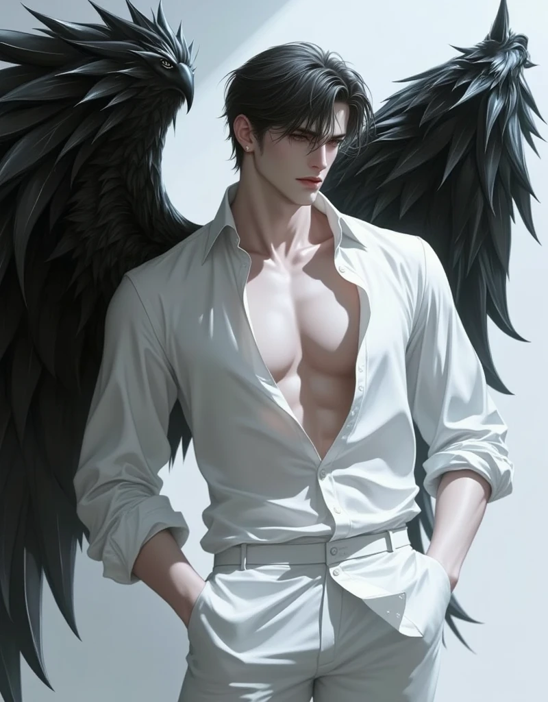 3D ANIMALS，A Victoria's Secret male model，white shirt and pants，The back has very beautiful wings， gorgeous black wings，Very gorgeous，Look sideways to the right ：1.4，Strike a pose，