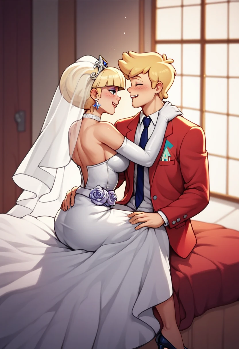 pacifica northwest\(gravity falls)\(blond:1.4) and dipper pines\(gravity falls)\(brunnet:1.4) getting married , nsfw , adult_rating, 1boy, 1 girl,  teen, romantic, blonde, classic white wedding dress, classy, form fitting