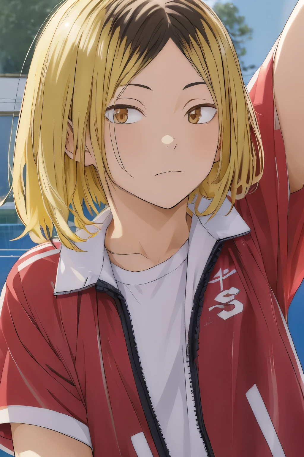 high res, masterpiece, Kozume Kenma, Blonde, Alone, 1人のmaleの子, male,  volleyball court, gym、evening、  face up