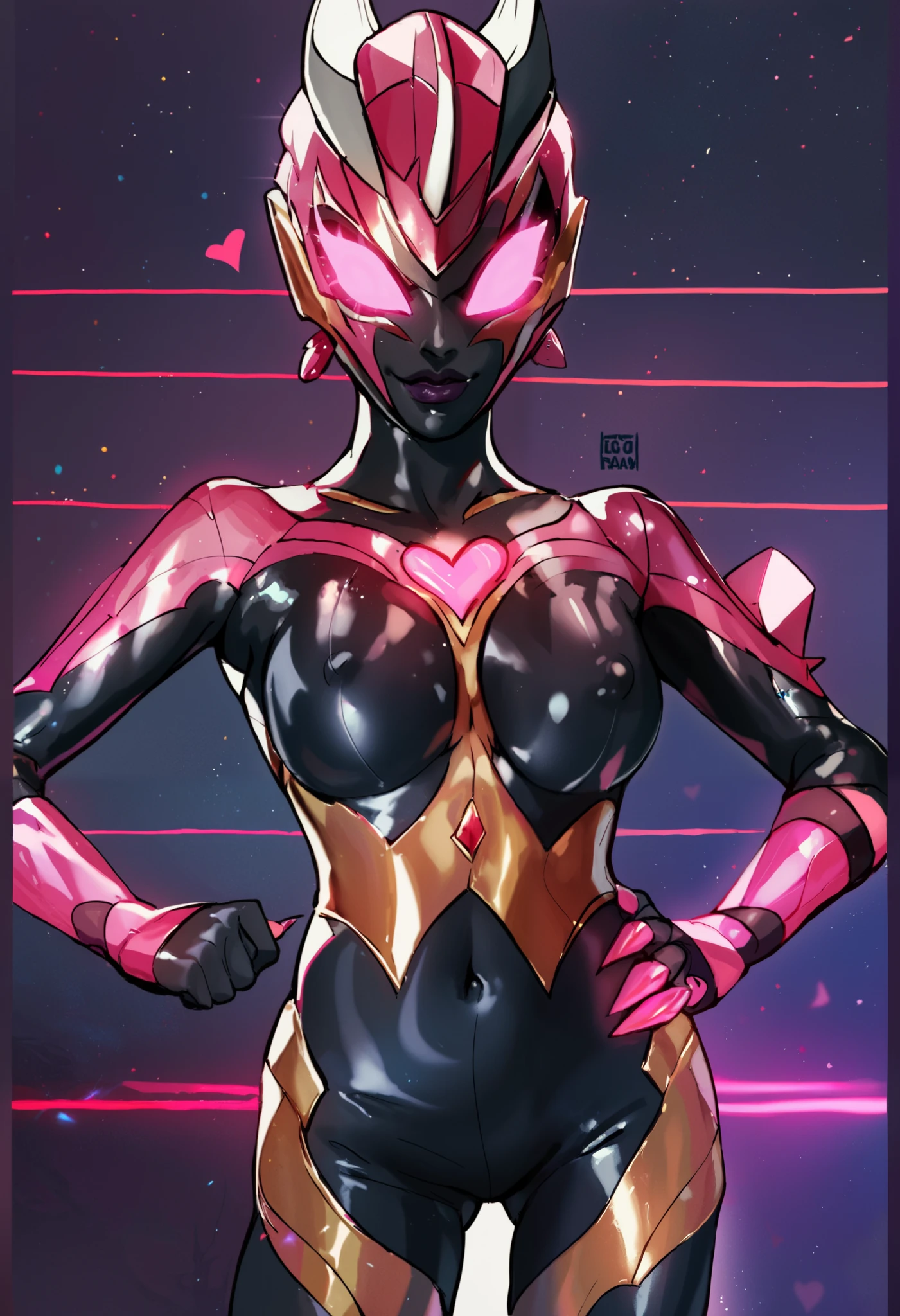 Dark UltraWoman. （high quality）（luster）（(Black Face and red eyeline)）（Black and purple thema color. black helmet. A full-face helmet. Pink lines. Purple glowing mechanical eyes. The whole body is covered with a black bodysuit. Thick legs. Breasts perky.  Spike decoration. Pink lines all over the body. Heart tattoo . purple coloreye. pink glow crystal. pink sharp claw. Night background.