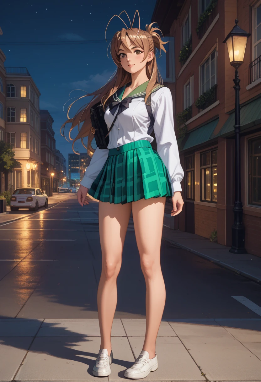 masterpiece, best quality, highres, 1girl, solo, long hair, brown hair, antenna hair, brown eyes, school uniform, green sailor collar, black bowtie, white shirt, long sleeves, pleated skirt, green miniskirt, black thighhighs, standing, official_art, beautiful body, beautiful legs, perfect body, perfect Hips, beautiful face, outdoors, night, street, city, shoes, sexy legs, full body, front_view 