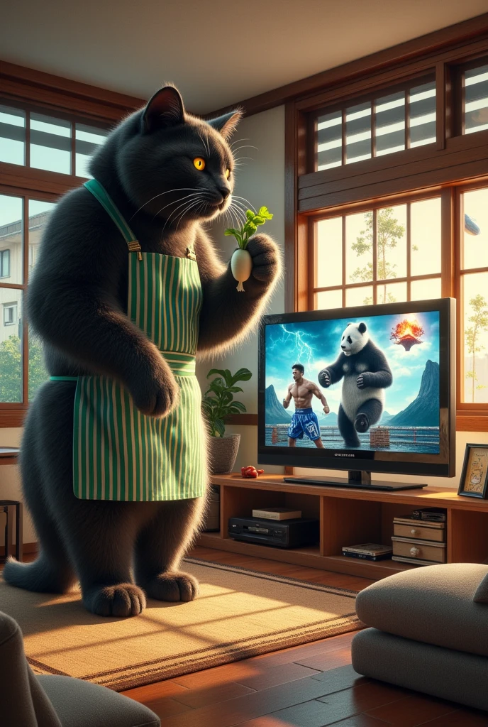 ultra-realistic, photorealistic, dramatic scene, shadow, global-illumination, solo, (1 human-like giant black cat is standing and watching TV), (the human-like giant black cat looks gentleman only wearing a vertical striped green apron), A cat holds a daikon radish in its hand and nibbles on it whole at the stylish Japanese apartment room, the large TV displays\(Muay Thai fighter vs. terrifying man-eating panda, there are the shouting Muay Thai fighter and terrifying panda with fang, volcano, thunder, giant meteorite, Muay Thai fighter shows extremely painful expressions\), peaceful sunny day,