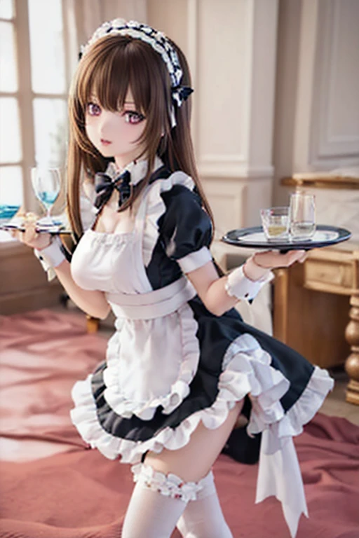 (SFW:2), photorealistic, realistic photo, 8k, Canon EOS, ((highest quality)), ((masterpiece)), (extremely detailed), dd, doll, idol dress, (mature woman, 21yo, 21 years old, solo, ballroom:1.6), (from side, walking, hold a tray, slim, skinny, slender, brown hair, long hair, bow, maid headpiece, black maid costume, maid apron, white thigh highs, parted lips, purple eyes, glass eyes, shining eyes, looking at viewer, detailed face:1.3)