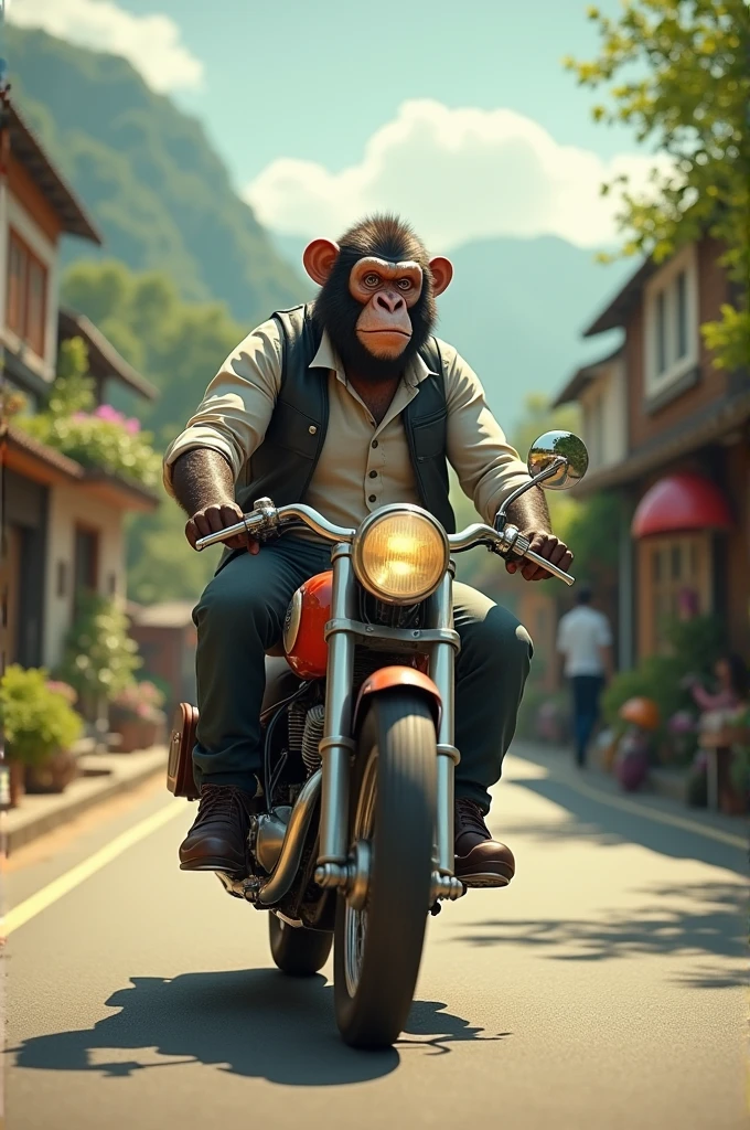 monkey on top of the scooter, showing the middle finger, photorealistic, cinematographic, cinema atmosphere --auto --s2