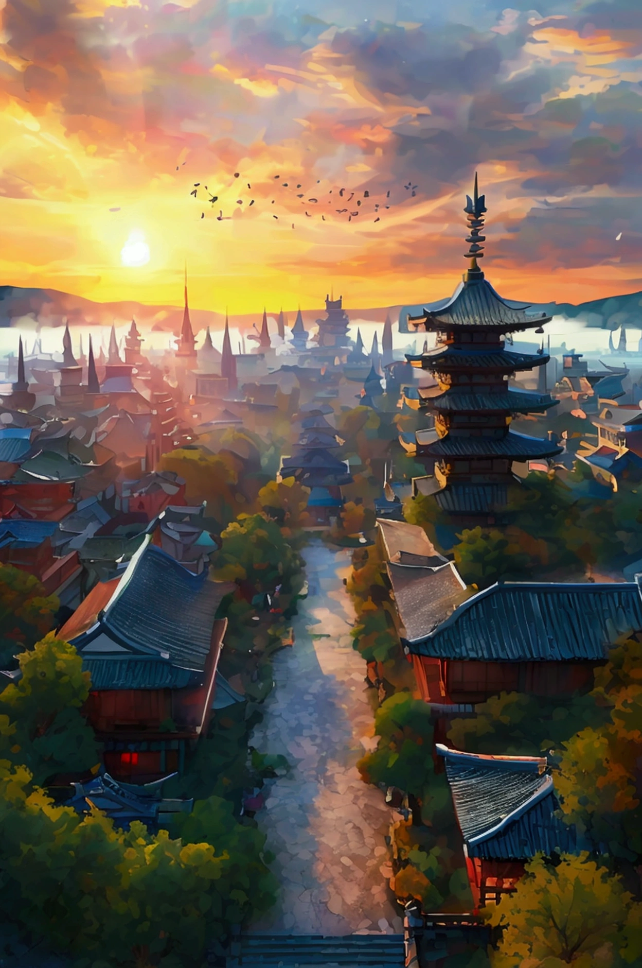 Subject: A breathtaking fantasy city viewed from a bird's-eye perspective at dawn, with the first rays of sunlight casting a warm glow over the scene. The city harmoniously combines Japanese and Chinese architectural elements, such as pagodas, curved roofs, and traditional gardens, with European gothic features like spires, arches, and stained glass. The cityscape feels alive, with subtle golden light reflecting off rooftops and gentle morning mist drifting between the buildings.
Atmosphere: A serene and majestic morning scene, with vibrant contrasts of soft sunlight and lingering shadows, creating a magical and harmonious ambiance.