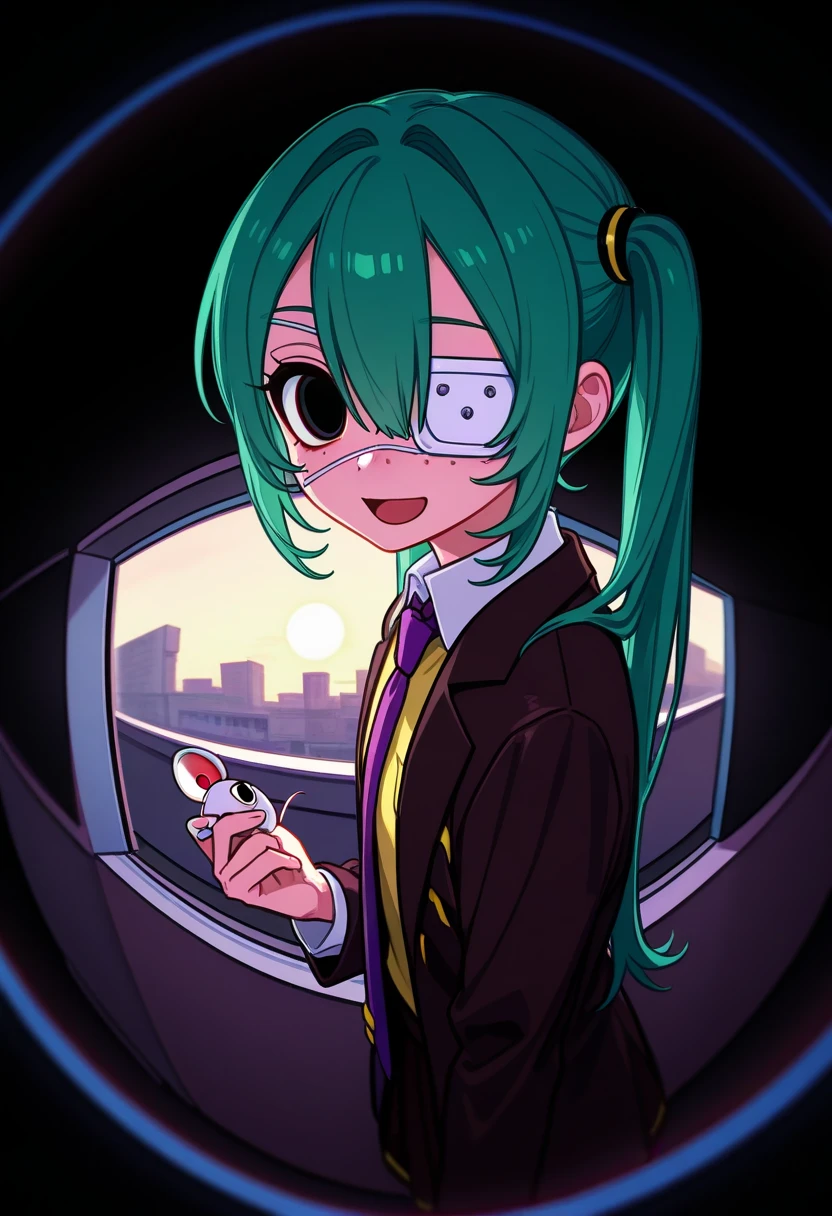  1 girl,  Hatsune Miku , hmmonitoring, Peephole, side from,left eye， long hair ,  Twin Tails , bangs,  hair between eyes, Medical eye patch,  school uniform, ,woman, side eye ,『 Monitoring 』    hatsune miku   ， Looking Intriguingly ，woman,from side,， Corn ,Peek，  Cute illustration of a flying eyeball  （Two），  opening mouse  , left eyeCorn ,deco* 27 side , Peek Face with Left Eye ，  Eye Patch with Light Freckles on Right Eye  ，dark，Dark cyan hair，  White Medical Eye Patch  ，  dark black eyes  ，  eye color dark blue  ，  big eyes，  Fisheye Lens Doorscope ， low contrast ， In a circle ，angle（1.9），She peek，， Big glitter ，  Black Background with Round Geometric Pattern ，  hair gradation  ，  dark blue green  ， Round Geometric Pattern on the outside of the round rim  , Purple tie, Medical eye patch, Glitch,  cowboy shot , :d, Shining Eyes, Half Eye, palm ,  Heart Shaped Eyes , 
 outdoor,  Building ,  purple theme ,  abstract background , sunset, cityscape, 
rating safe, Alice 99 Narumi , 
masterpiece,  top quality,  great quality,  high definition , up to date,  