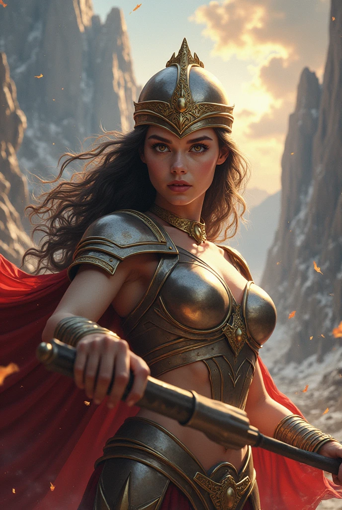 arafed image of a woman in a corset dress standing in front of a robot, greg hildebrandt and mark brooks, brass armor, post - apocalyptic warriors, portrait of wonder woman, the style of wlop, les automatistes, douglas smith, protagonist in foreground, heavy brown metallic armor, el dorado, advanced digital game coverart, hyperborea princess --auto --s2