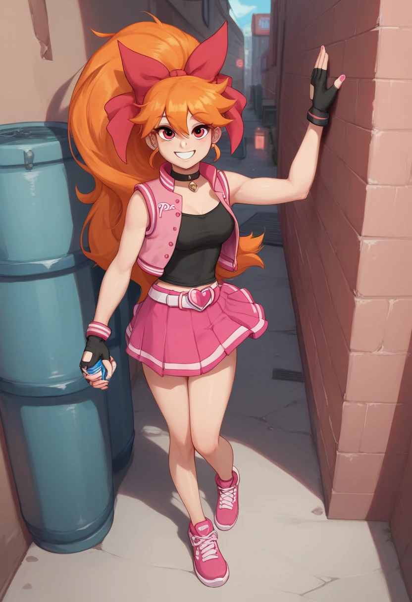 akazutsumi_, black fingerless gloves ,  pink vest,  orange hair,  long hair, ribbon,  pink skirt, Pink Shoes, alley, Half Eye, looking at viewer,  blanking in the heart of the city, smile,  waves, Turn one arm around your back ,  standing with different breasts , Align your thighs ,  slim