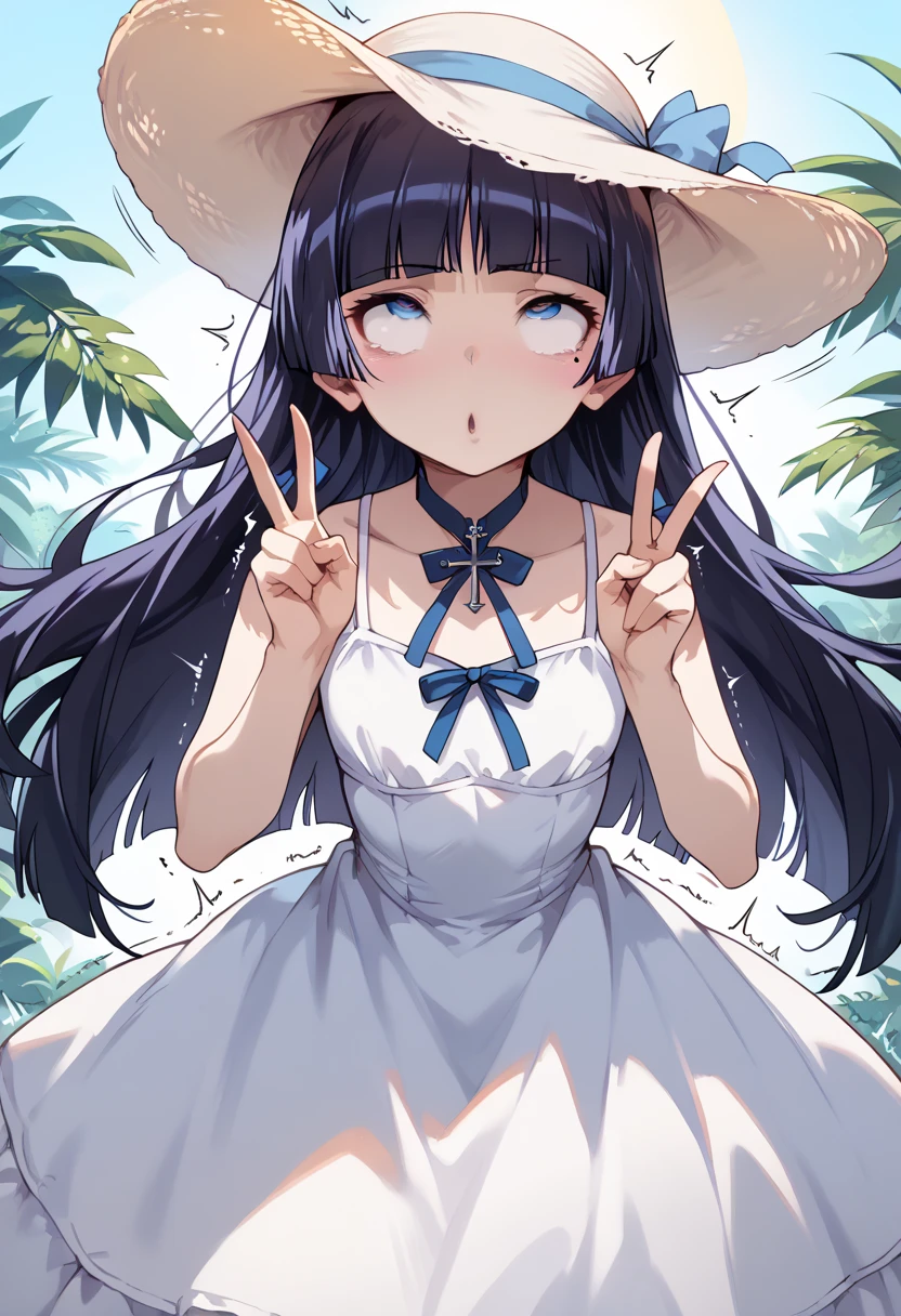 masterpiece, high definition , top quality,8k
(ruri gokou,long hair,black hair,mole under eye,hime cut)
(blue eyes,white dress,Sun hat,sundress)
((rolling eyes,Cross-eyed, double peace sign))
(( strong shaking, Intense Movements ))