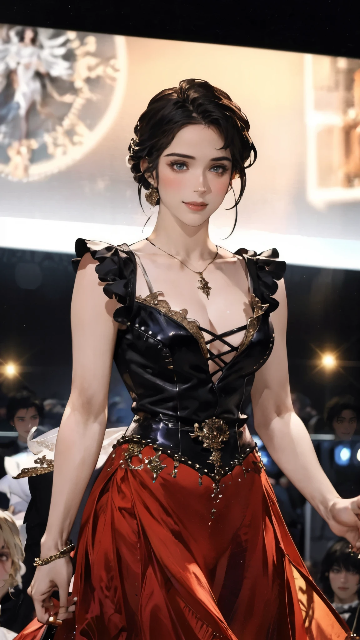 (masterpiece:1.2, best quality:1.2, extremely delicate:1.2), hirosealice, a beautiful woman with medium length black hair, flawless oval face, passionate gaze, sweet smile, perfect smille, blush, seductive expression, tall and graceful figure, perfect body, perfect skin, seductive pose, a fantasy style Flamenco dance dresses, flowing skirt, alternating red and black textures, the color scheme is primarily Black with Red accents, she gracefully performs her dance moves on the stage, this character embodies a finely crafted fantasy style Flamenco dancer, exquisite and mature art style, goddess, feminine, exquisite photography, depth of field, bokeh, photorealistic, even and soft lighting on face, dramatic, high definition, highres, ultra detailed, professional photo, perfect body proportions, anatomically correct, symmetrical face, extremely detailed eyes and face, perfect eyes, high quality eyes, creativity, RAW photo, UHD, 32k, portrait lighting, Natural light, cinematic lighting, (masterpiece-anatomy-perfect:1.2)