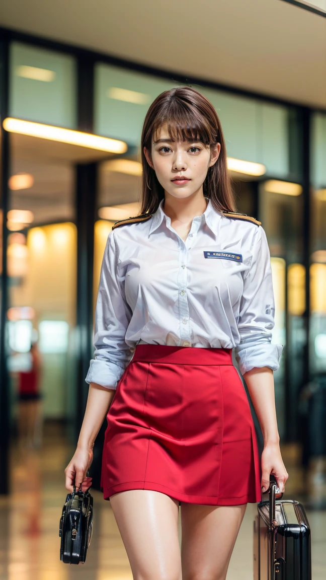 A beautiful, 24-year-old Japanese woman with perfect anatomy, healthy thighs, beautiful legs, beautiful skin, random hair color and style, large breasts, (wearing a flight attendant uniform with a mini-skirt:1.3), (she is standing:1.2), full body shot, pumps, carrying a suitcase, at the airport, (best quality,4k,8k,highres,masterpiece:1.3),(extremely detailed:1.2),realistic,photorealistic,photo-realistic:1.37,professional,vivid colors, studio lighting