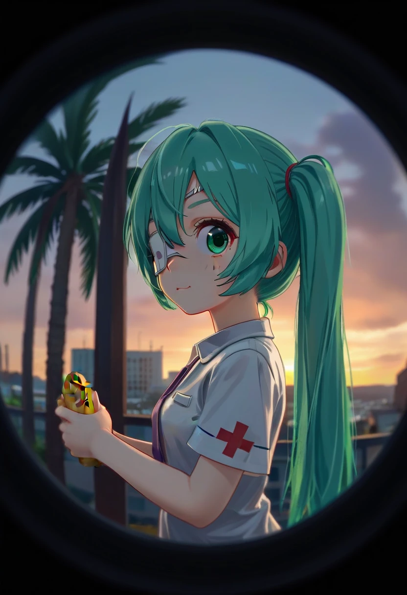  1 girl,  Hatsune Miku , hmmonitoring, Peephole, side from,left eye， long hair ,  Twin Tails , bangs,  hair between eyes, Medical eye patch,  school uniform, ,woman, side eye ,『 Monitoring 』    hatsune miku   ， Looking Intriguingly ，woman,from side,， Corn ,Peek，  Cute illustration of a flying eyeball  （Two），  opening mouse  , left eyeCorn ,deco* 27 side , Peek Face with Left Eye ，  Eye Patch with Light Freckles on Right Eye  ，dark，Dark cyan hair，  White Medical Eye Patch  ，  dark black eyes  ，  eye color dark blue  ，  big eyes，  Fisheye Lens Doorscope ， low contrast ， In a circle ，angle（1.9），She peek，， Big glitter ，  Black Background with Round Geometric Pattern ，  hair gradation  ，  dark blue green  ， Round Geometric Pattern on the outside of the round rim  , Purple tie, Medical eye patch, Glitch,  cowboy shot , :d, Shining Eyes, Half Eye, palm ,  Heart Shaped Eyes , 
 outdoor,  Building ,  purple theme ,  abstract background , sunset, cityscape, 
rating safe, Alice 99 Narumi , 
masterpiece,  top quality,  great quality,  high definition , up to date,  