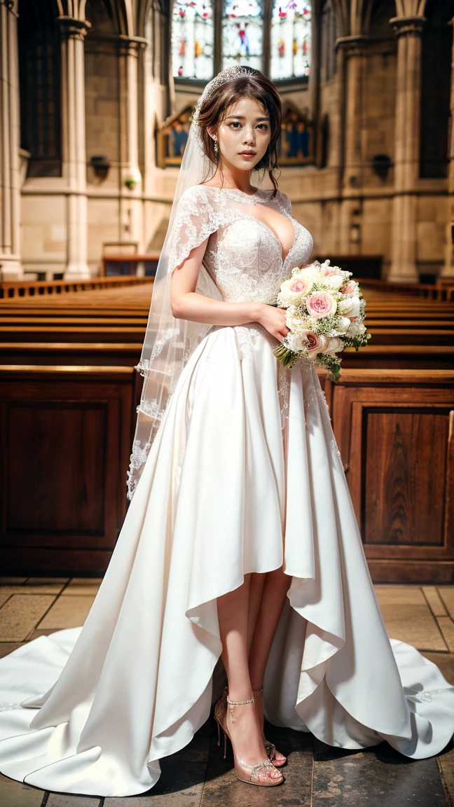 A beautiful young Japanese woman, 26 years old, with healthy thighs, beautiful legs, flawless skin, random hair color and style, large breasts, wearing a (wedding dress:1.3), (she is standing:1.2), full body shot, high heels, holding a bouquet in her hands, in a church setting, (best quality,8k, masterpiece:1.3), (extremely detailed:1.2), perfect anatomy