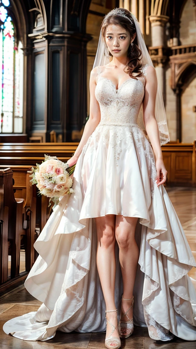 A beautiful young Japanese woman, 26 years old, with healthy thighs, beautiful legs, flawless skin, random hair color and style, large breasts, wearing a (wedding dress:1.3), (she is standing:1.2), full body shot, high heels, holding a bouquet in her hands, in a church setting, (best quality,8k, masterpiece:1.3), (extremely detailed:1.2), perfect anatomy