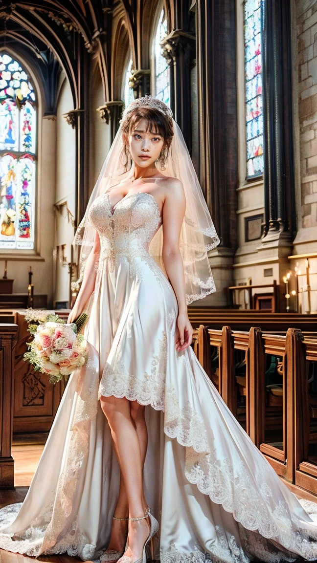 A beautiful young Japanese woman, 26 years old, with healthy thighs, beautiful legs, flawless skin, random hair color and style, large breasts, wearing a (wedding dress:1.3), (she is standing:1.2), full body shot, high heels, holding a bouquet in her hands, in a church setting, (best quality,8k, masterpiece:1.3), (extremely detailed:1.2), perfect anatomy