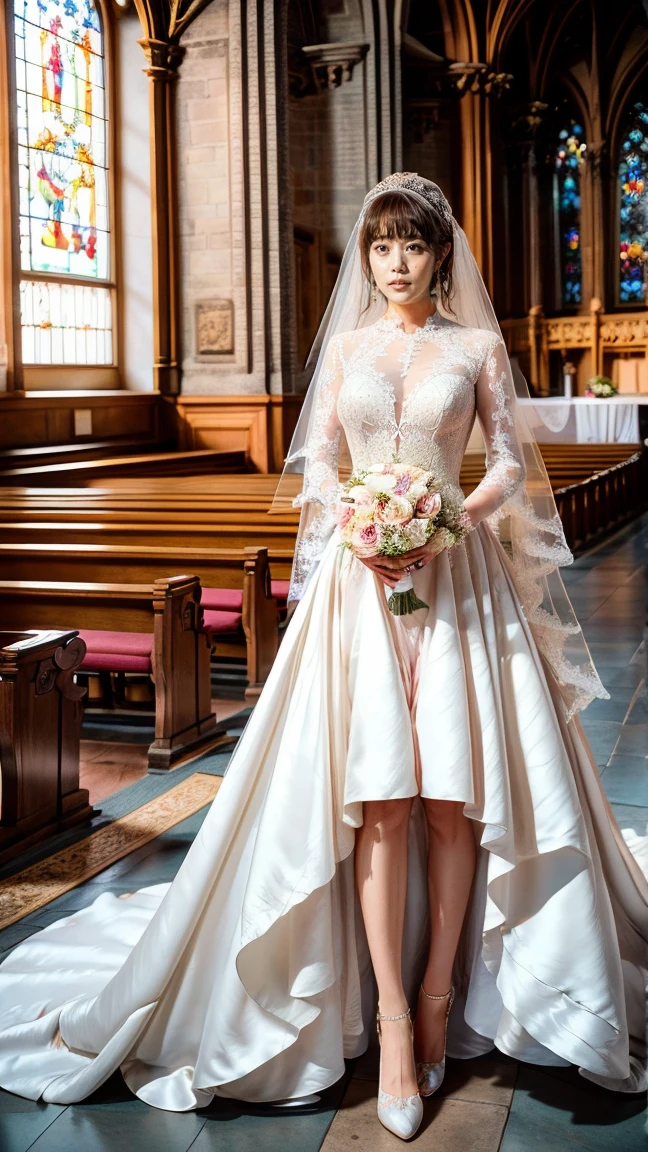 A beautiful young Japanese woman, 26 years old, with healthy thighs, beautiful legs, flawless skin, random hair color and style, large breasts, wearing a (wedding dress:1.3), (she is standing:1.2), full body shot, high heels, holding a bouquet in her hands, in a church setting, (best quality,8k, masterpiece:1.3), (extremely detailed:1.2), perfect anatomy