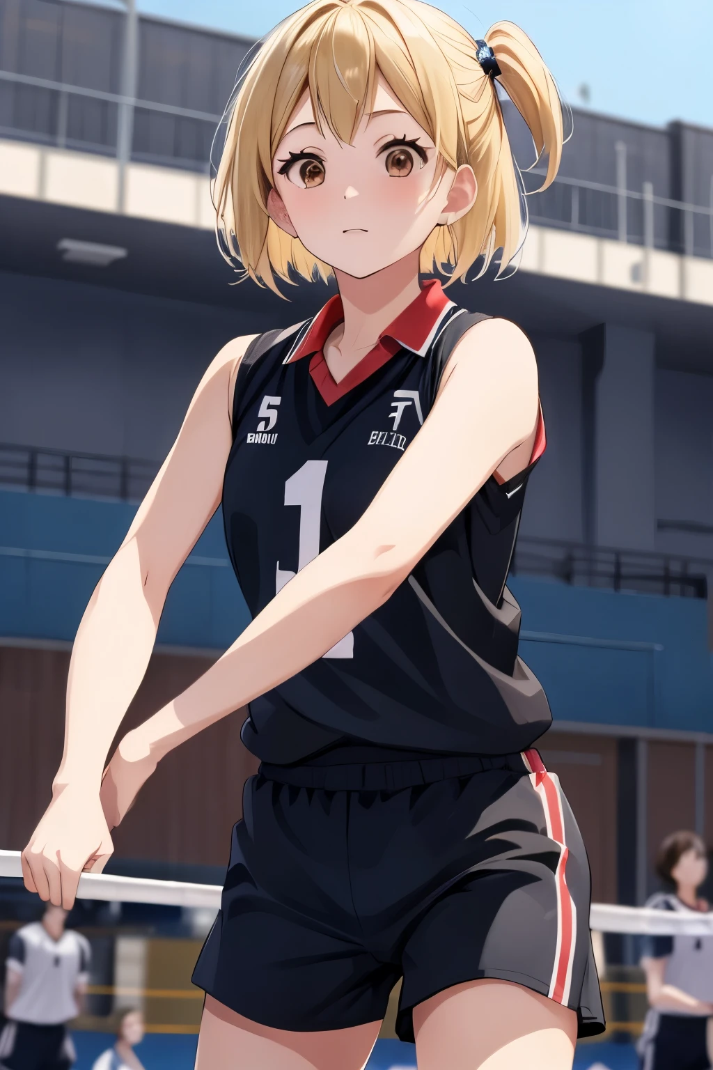  1 girl、solo、 short hair、 ONE SIDE UP、 blond hair、 brown eyes、 sportswear 、 uniform 、 black shirt、 sleeveless、 Black Shorts 、gym、evening、Volleyball Court