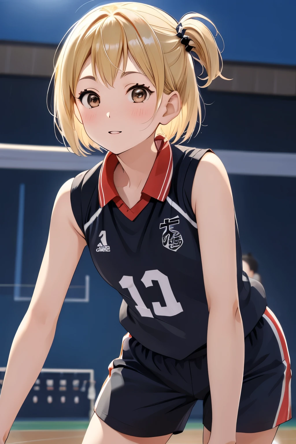  face up、 1 girl、solo、 short hair、 ONE SIDE UP、 blond hair、 brown eyes、 sportswear 、 uniform 、 black shirt、 sleeveless、 Black Shorts 、gym、evening、Volleyball Court