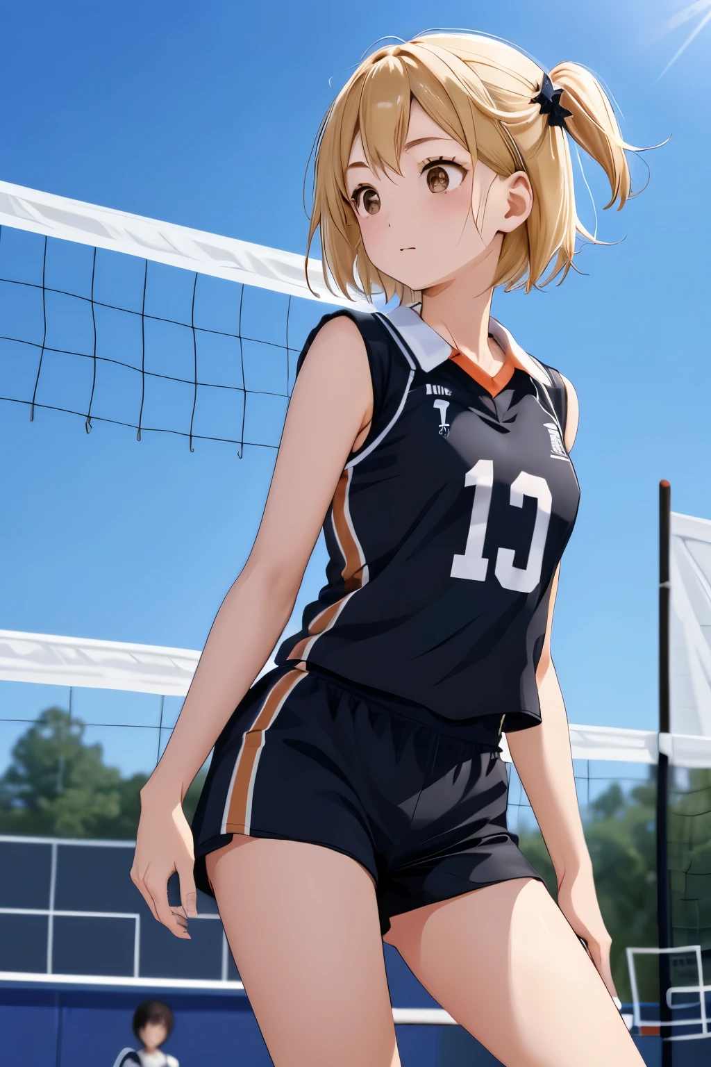  face up、 1 girl、solo、 short hair、 ONE SIDE UP、 blond hair、 brown eyes、 sportswear 、 uniform 、 black shirt、 sleeveless、 Black Shorts 、gym、evening、Volleyball Court