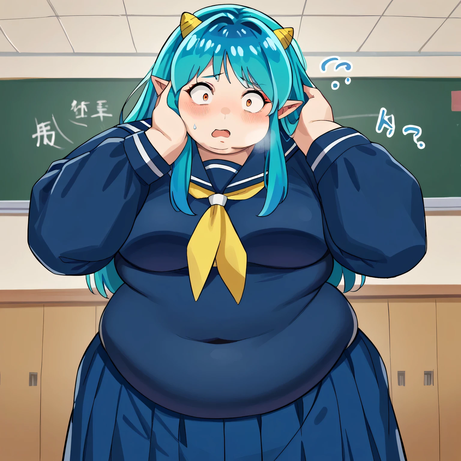score_9, score_8_up, score_7_up, source_anime,
uruseiyatsuralum, lum, long hair, bangs, blue hair, orange eyes, horns, pointy ears, aqua hair, oni horns, eyeshadow,
shirt, long sleeves, school uniform, serafuku, sailor collar, neckerchief, yellow neckerchief, shirt, blue shirt, blue sailor collar, blue skirt,
indoors, classroom, flying,
looking at viewer, cowboy shot, dutch angle, swollen face, fat, chubby, obese, open mouth, out of breath, absurdres, highres icon, rating:General, confused, blush, {flustered}, nervous sweating, portrait, pov hands, hand on another's cheek, averting eyes, [looking away], straight-on, from above,  upper body, masterpiece, best quality, ultra-detailed, high resolution, 8K, 
