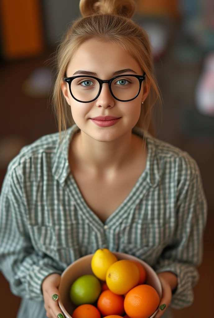 (close-up face:0.9), Instagram style ,   soft light, soft shadows, strong wide angle shot, extra long shot  , (  realistic, foto- realistic:1.34), Studiolicht, Magazin-Stil, Scandinavian 18 year old woman, (8k, RAW-Foto,   best quality  ,   masterpiece:1.2), Sweet, dainty, pummelig, ultra detailed, round pupils, perfect iris,   physically-based rendering , Ultra-High-Definition, Kodakvision Color,   shot with Canon EOS camera , (bokeh:1.3), Sharp Focus, foto  realistic,  realistic, Alone, foto  realistic,  best quality ,  extremely detailed face , round face, matte skin, pale skin, short neck, kleine Sweete Stupsnase,  natural blue eyes , Sweete Grübchen im Gesicht,  high cheekbones, (round medium-sized breasts :0.5),  beautiful shy smile ,  slight freckles on face and body,  has green artificial fingernails , ( wears modern glasses with a wide black frame:1.5), blonde with ponytail , (( is in the classroom at Attention,  Holds a bowl of fruit )),  she is looking at the viewer , shot from above,  very nice living room ,  very detailed background ,   with colorful pillows ,  LED light chain , clothes on the floor , gray couch , ((wears Catholic  )), a blouse, (Checked micro mini skirt ), ( white knee socks)