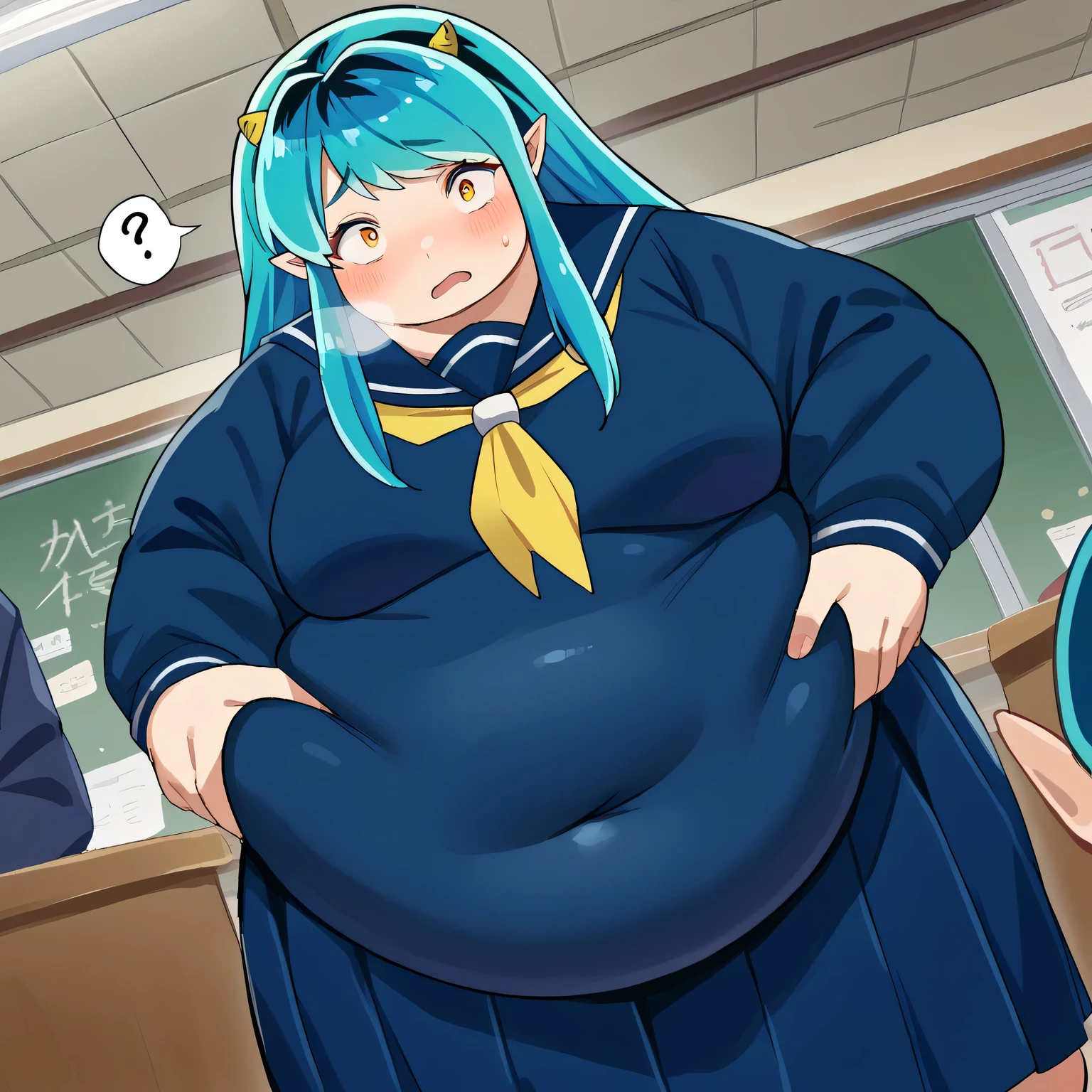 score_9, score_8_up, score_7_up, source_anime,
uruseiyatsuralum, lum, long hair, bangs, blue hair, orange eyes, horns, pointy ears, aqua hair, oni horns, eyeshadow,
shirt, long sleeves, school uniform, serafuku, sailor collar, neckerchief, yellow neckerchief, shirt, blue shirt, blue sailor collar, blue skirt,
indoors, classroom, squatting,
looking at viewer, cowboy shot, dutch angle, bulging belly, fat, chubby, obese, open mouth, out of breath, absurdres, highres icon, rating:General, confused, blush, {flustered}, nervous sweating, portrait, pov hands, hand on another's belly, averting eyes, [looking away], straight-on, from side, swollen face, masterpiece, best quality, ultra-detailed, high resolution, 8K, 