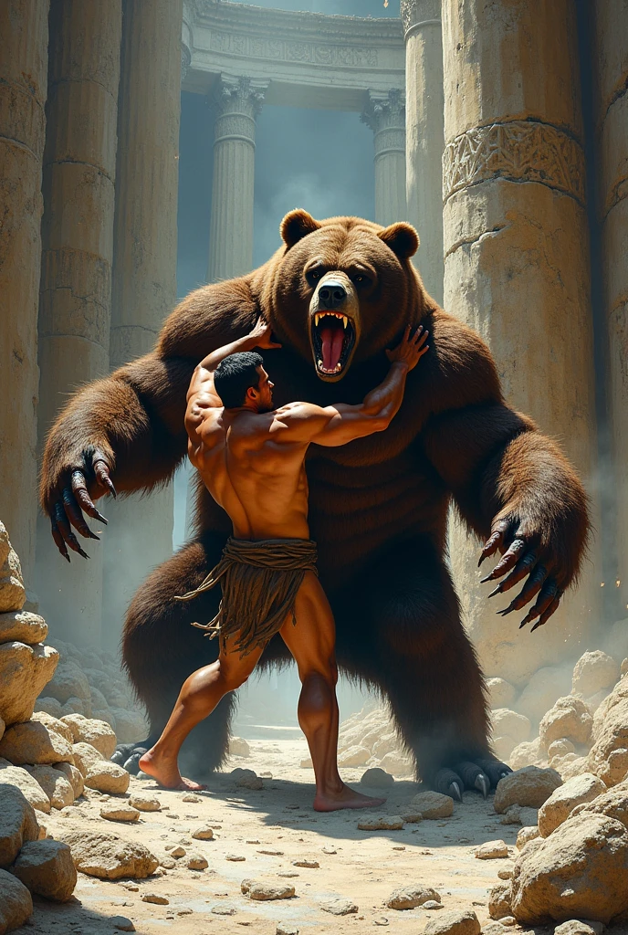 Cave painting of a prehistoric man hunting a cave bear