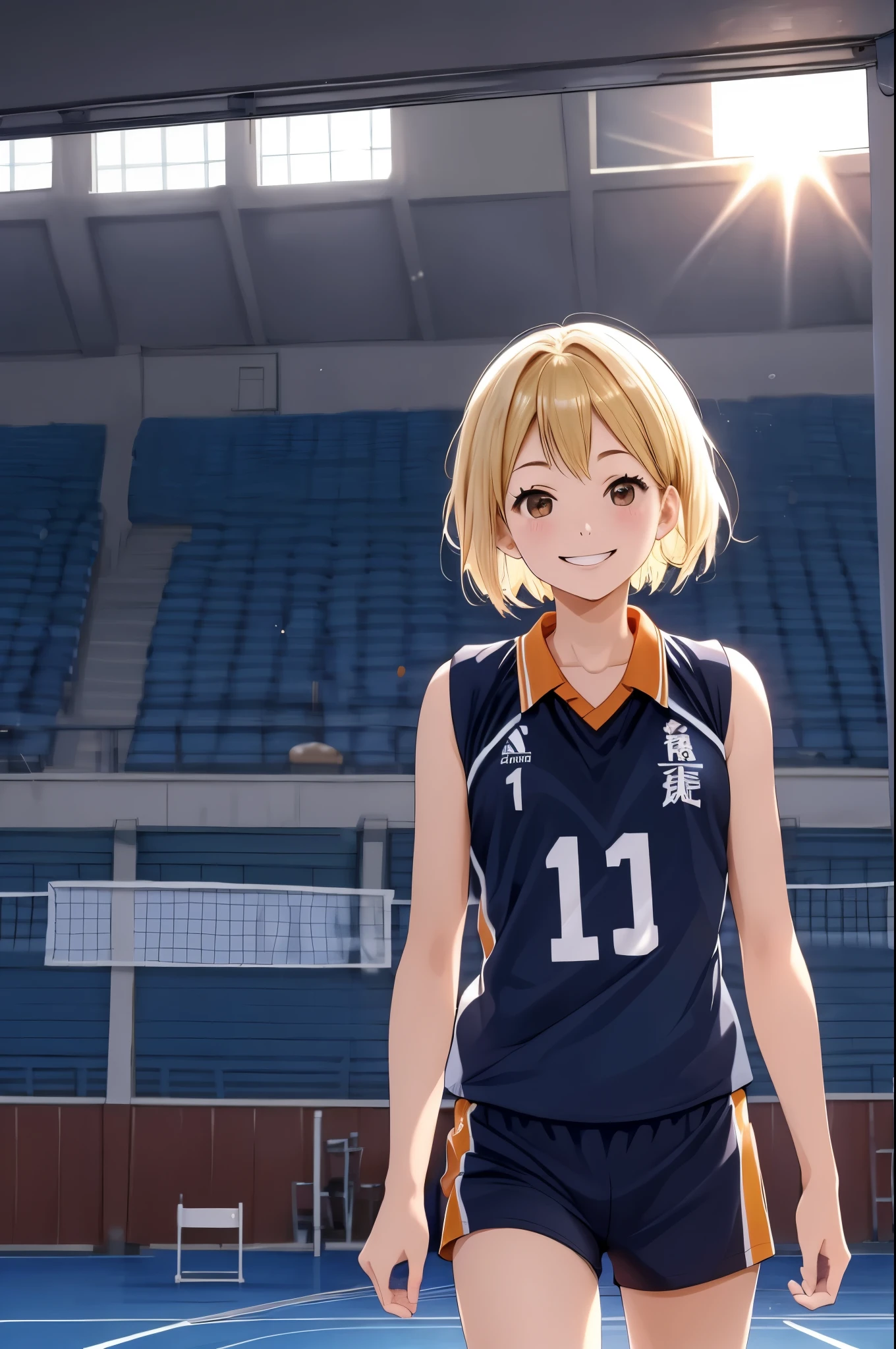  face up、 1 girl、solo、 short hair、 ONE SIDE UP、 blond hair、 brown eyes、 sportswear 、 uniform 、 black shirt、 sleeveless、smile、gym、evening、Volleyball Court、The setting sun shines in