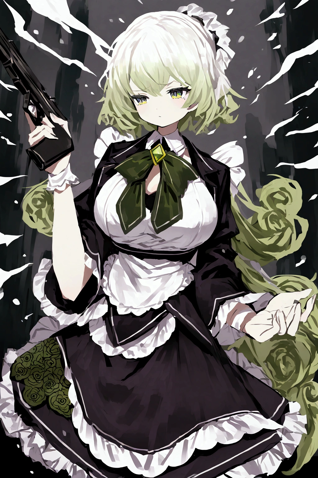 Wearing a white maid outfit with green patterns, big breasts, green hair, dark green eyes, holding a gun in her hand. 