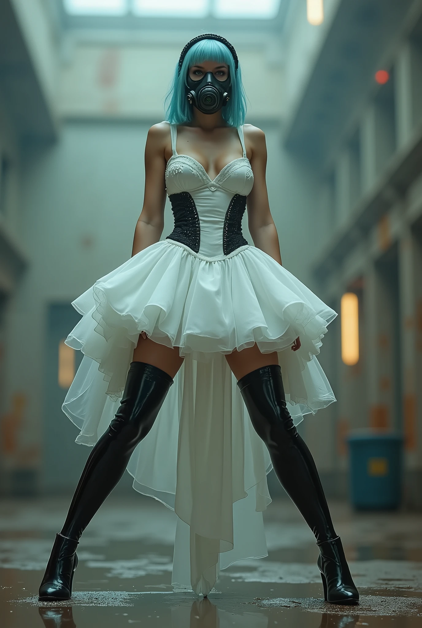  tutu is shorter  ,  insist , dass die Legs wide apart stehen, standing on tiptoes, insist ,  that a black latex stocking strap is worn visibly , head up, Honestly ,  black wet latex stockings are significantly higher than her knees,  wide waist belt braces ,  no pantyhose ,  side braces , on tiptoes, Legs wide apart,  white short wedding dress pulled up , on tiptoes stehend,  spreader bar at her ankles  ,  bridal tutu put on and inflated by the wind , on tiptoes standing,  black latex stockings with suspenders , Light blue hair,  She looks directly at the camera. She is in a post-apocalyptic environment. She is wearing a gas mask