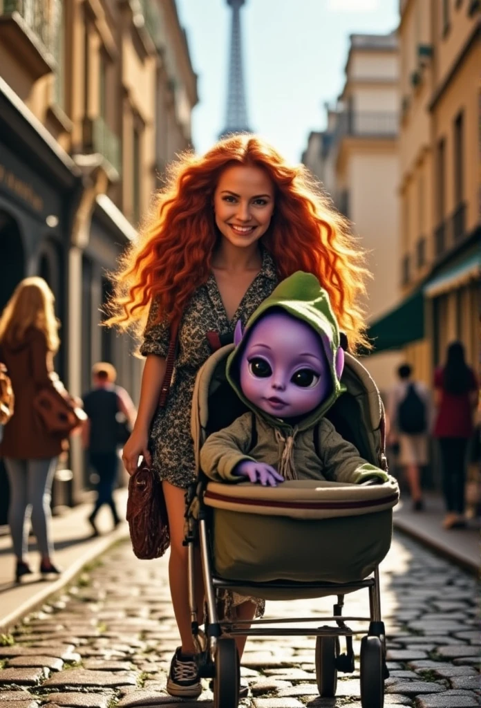 ((masterpiece)) ((photography)) ((Highest quality)) A red-haired woman with long curly hair, walking through a Parisian street. She pushes a stroller, and in the stroller, there is a violet alien baby wearing a green bonnet. The scene captures the charming Parisian atmosphere with cobblestone streets, historic buildings in the background, and the Eiffel Tower peeking through the distance. The woman is dressed casually, with a warm, inviting smile, and the baby alien looks curious and playful. The soft light of the afternoon gives the scene a magical, whimsical tone.