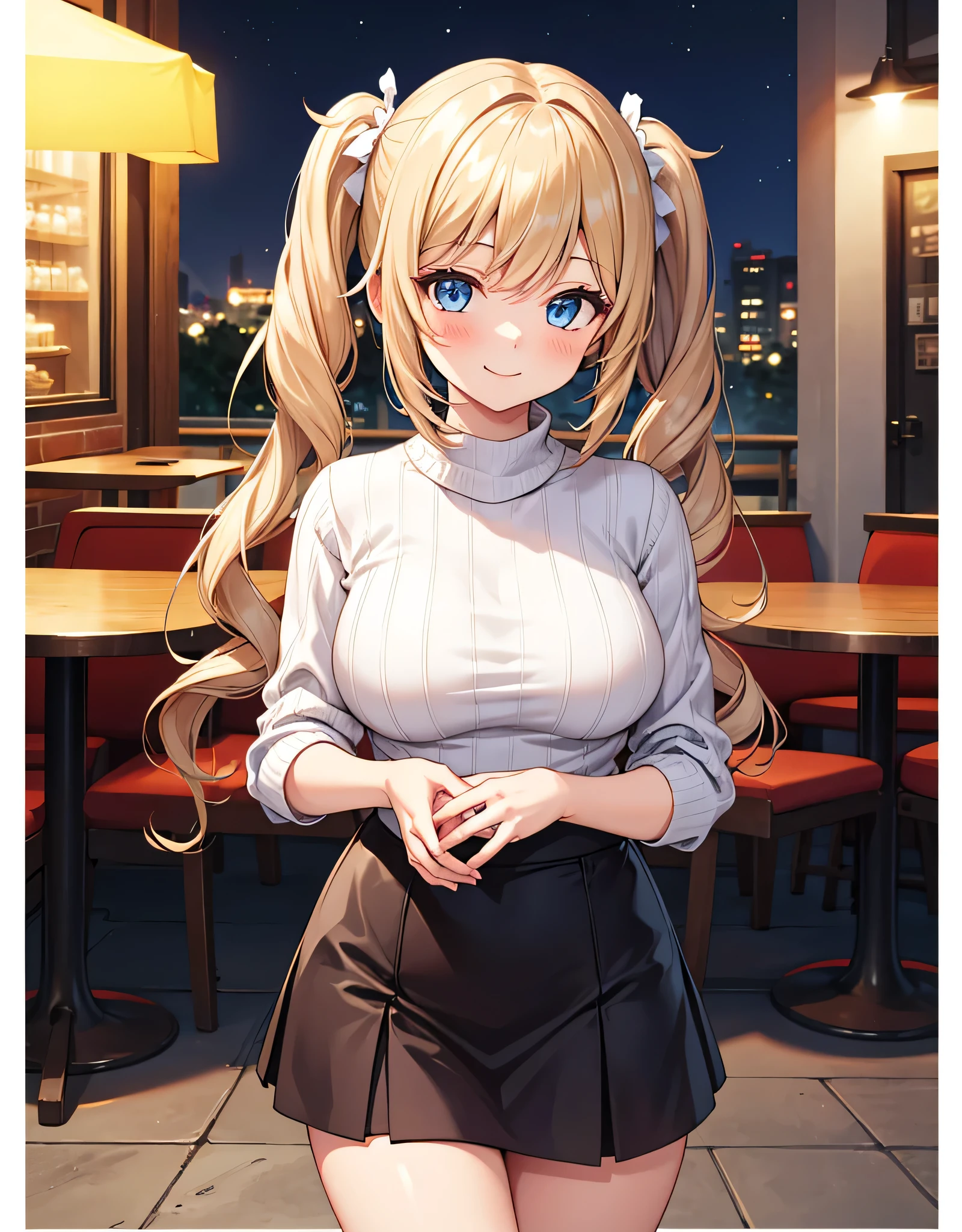 1 girl, alone, high definition , long hair, Big Breasts , look , blush, smiles, blue eyes, Blonde, high definition , masterpiece, accurate, anatomically correct, won numerous awards, 最high quality, details, High details, high quality, quality, retina, very detailed, textured skin, Ultra High Definition, knitted sweater with coffee in hand, miniskirt, long boots, Cafe Background, night, Terrace seats, twin tails, Emphasize the upper body, 椅子に座る,