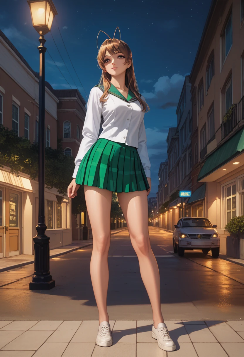 masterpiece, best quality, highres, 1girl, solo, long hair, brown hair, antenna hair, brown eyes, school uniform, green sailor collar, black bowtie, white shirt, long sleeves, pleated skirt, green miniskirt, black thighhighs, standing, official_art, beautiful body, beautiful legs, perfect body, perfect Hips, beautiful face, outdoors, night, street, city, shoes, sexy legs, full body, front_view 