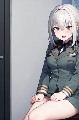 NSFW,(One girl:1.5),miorine1、miorine rembran、Asticasia uniform、solo、Long Hair、Grey Eyes、Grey Hair、Ahoge、Seamed legwear、green micro mini skirt、tie、bangs、Hair between the eyes、Black Pantyhose、Long sleeve、Green jacket、Floating Hair、赤いtie,(Perfect hands),(Perfect Anatomy),(masterpiece),(highest quality),Embarrassed,blush,(train:1.5),(Being molested:1.5)